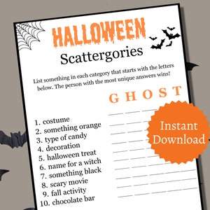 Halloween Scattergories Game, Printable Halloween Party Game, October Trivia Activity for Teens and Adults
