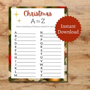 Christmas A-Z Race Game, Printable Holiday Party Game for All Ages, December Trivia Activity Page
