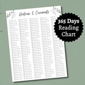 Leestabel 365 dagen leerstellingen en verbonden, 2025 Come Follow Me schriftstudiekalender, afdrukbare D&C Daily Reading Tracker