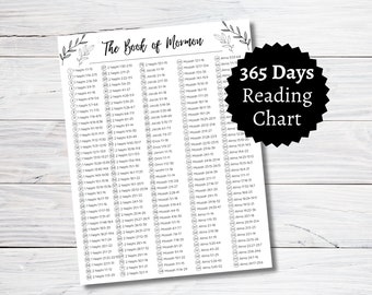 May include: A black and white printable chart with the title "The Book of Mormon 365 Days Reading Chart". The chart lists daily scripture readings from the Book of Mormon.