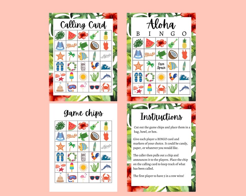 Aloha Bingo Cards, Summer Luau Party Game for Kids, Teens, and Adults ...