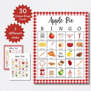 Cartões de bingo de torta de maçã, jogo de festa para impressão para crianças, adolescentes e adultos, atividade divertida em grupo de outono