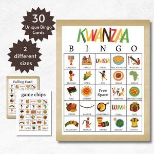 Kwanzaa-bingokaarten, afdrukbaar Kwanzaa-feestspel voor kinderen, tieners en volwassenen, gezinsactiviteit, inclusief volledige en halve pagina's