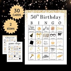 Bingokaarten 50e verjaardag, afdrukbaar feestspel 50e verjaardag voor groepen, 50 jaar oud activiteitsidee zwart en goud thema