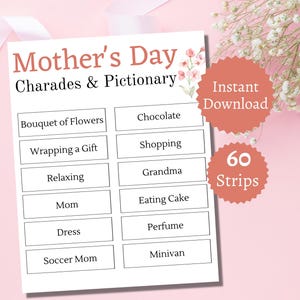 Charades pour la fête des mères, jeu de fête des mères à imprimer, cartes illustrées sur le thème des mamans, activité de groupe pour enfants, adolescents et adultes