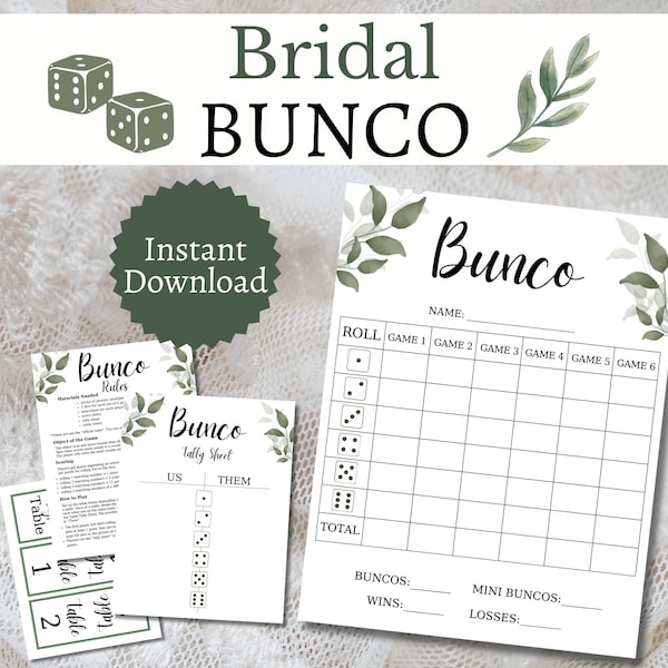 Bridal Shower Bunco Cards, Printable Leafy Boho Party Game for Groups, Includes Tally Sheets and Table Markers