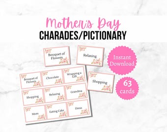 Mother&#39;s Day Charades Cards, Printable Mother&#39;s Day Party Game for Kids, Teens, and Adults, Mom-themed Pictionary Activity