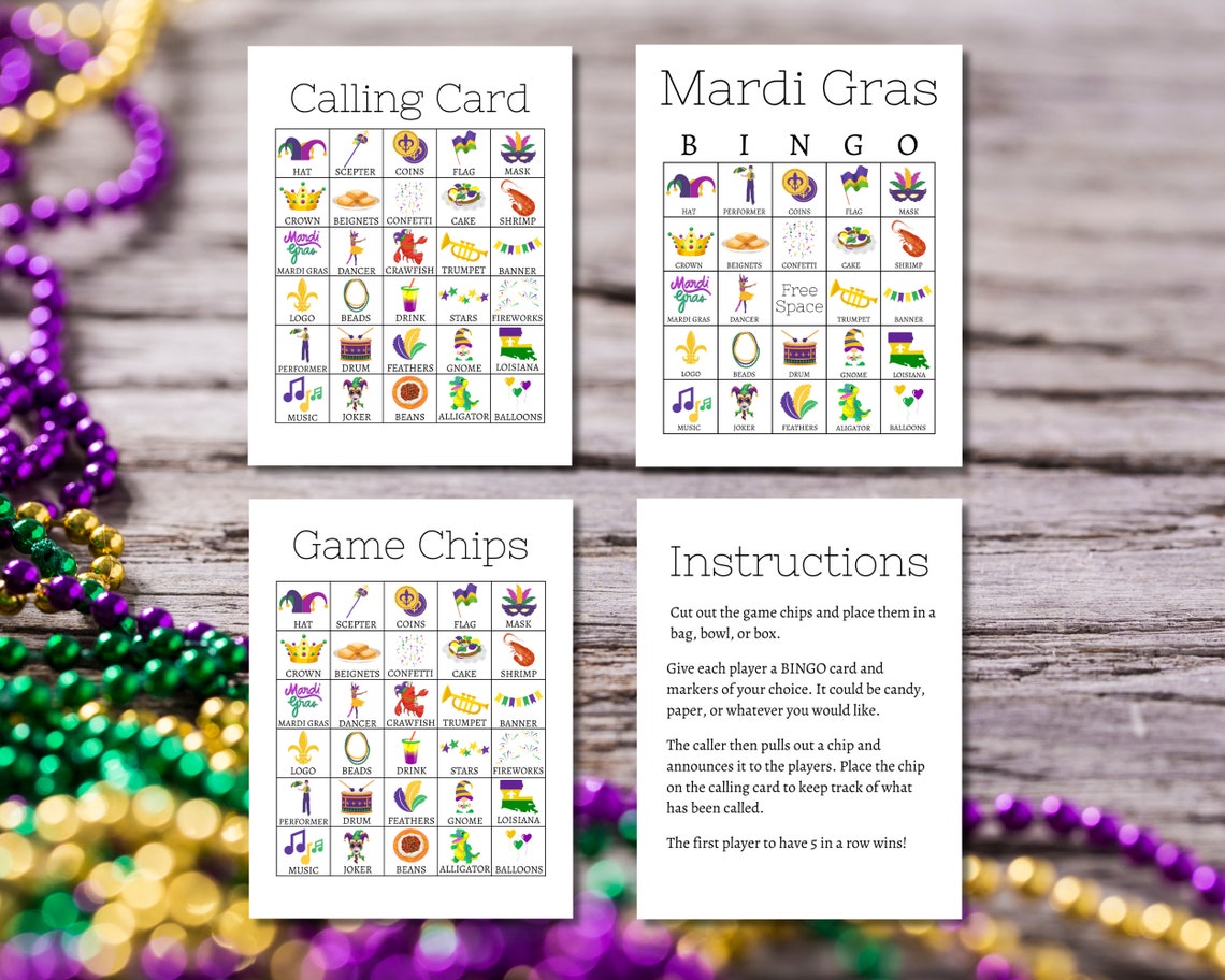 Mardi Gras Bingo, Printable Mardi Gras Party Game, Mardi Gras ...