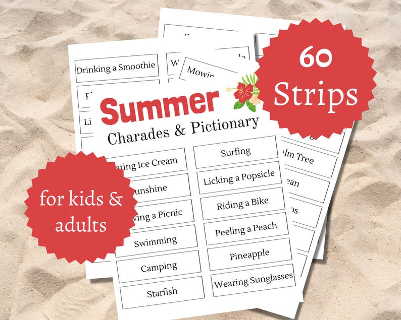 Summer Charades and Pictionary Cards, Printable Summer Game for Kids ...