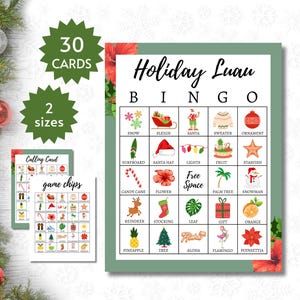 Karty bingo Holiday Luau, gra na imprezę bożonarodzeniową Tropical Christmas Party do druku, aktywność na plaży Christmas