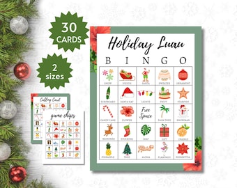 Schede Bingo per le Feste Luau, Gioco Stampabile per Feste di Natale Tropicali, Attività di Natale in Spiaggia