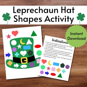Può includere: Attività di forme di cappello da folletto per bambini da stampare. La stampabile include un cappello da folletto verde con varie forme su di esso. La seconda pagina include le stesse forme da ritagliare e abbinare al cappello.