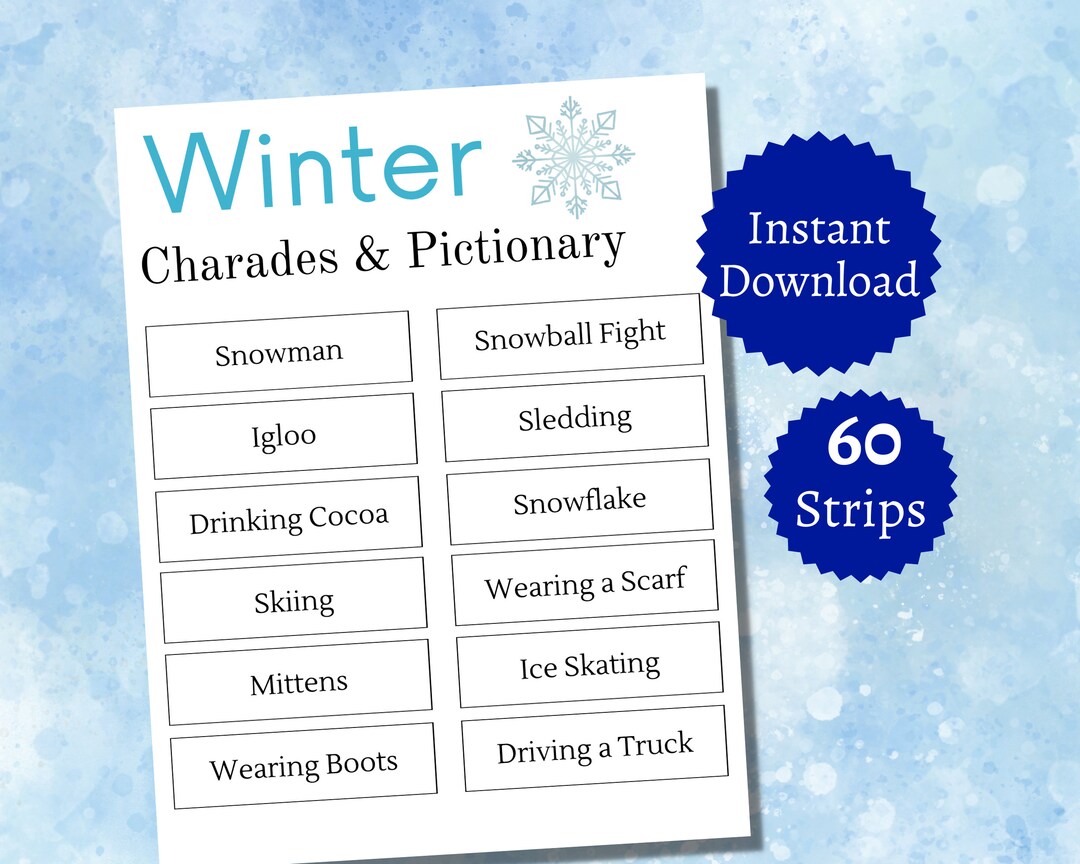 Winter Charades Game, Printable Pictionary Cards, Wintertime Activity