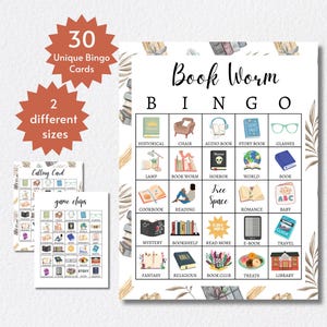 Karty bingo Book Worm, gra do druku Book Club, zabawna aktywność czytelnicza dla dzieci, nastolatków i dorosłych