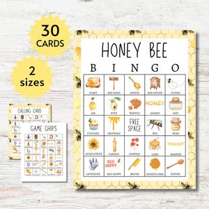 May include: Honey Bee Bingo game set with a yellow honeycomb design. The set includes a bingo card, calling card, and game chips. The bingo card features illustrations of bees, honey, and related items. The set includes 30 cards in 2 sizes.