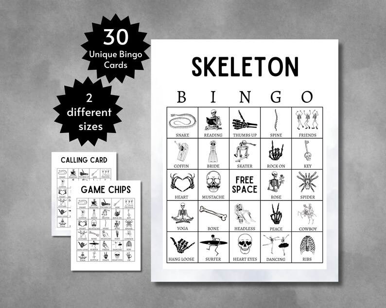 Skeleton Bingo Cards, Halloween Party Game for Kids, Teens, and Adults ...