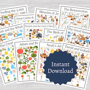 May include: A collection of illustrated Bible story cards, including "Feeding the 5,000," "Jonah and the Whale," and "Adam and Eve." Each card features colorful drawings and text. A blue badge with the words "Instant Download" is also visible.