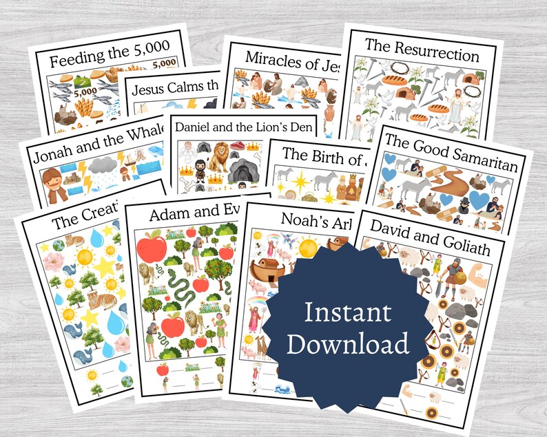 May include: A collection of illustrated Bible story cards, including "Feeding the 5,000," "Jonah and the Whale," and "Adam and Eve." Each card features colorful drawings and text. A blue badge with the words "Instant Download" is also visible.