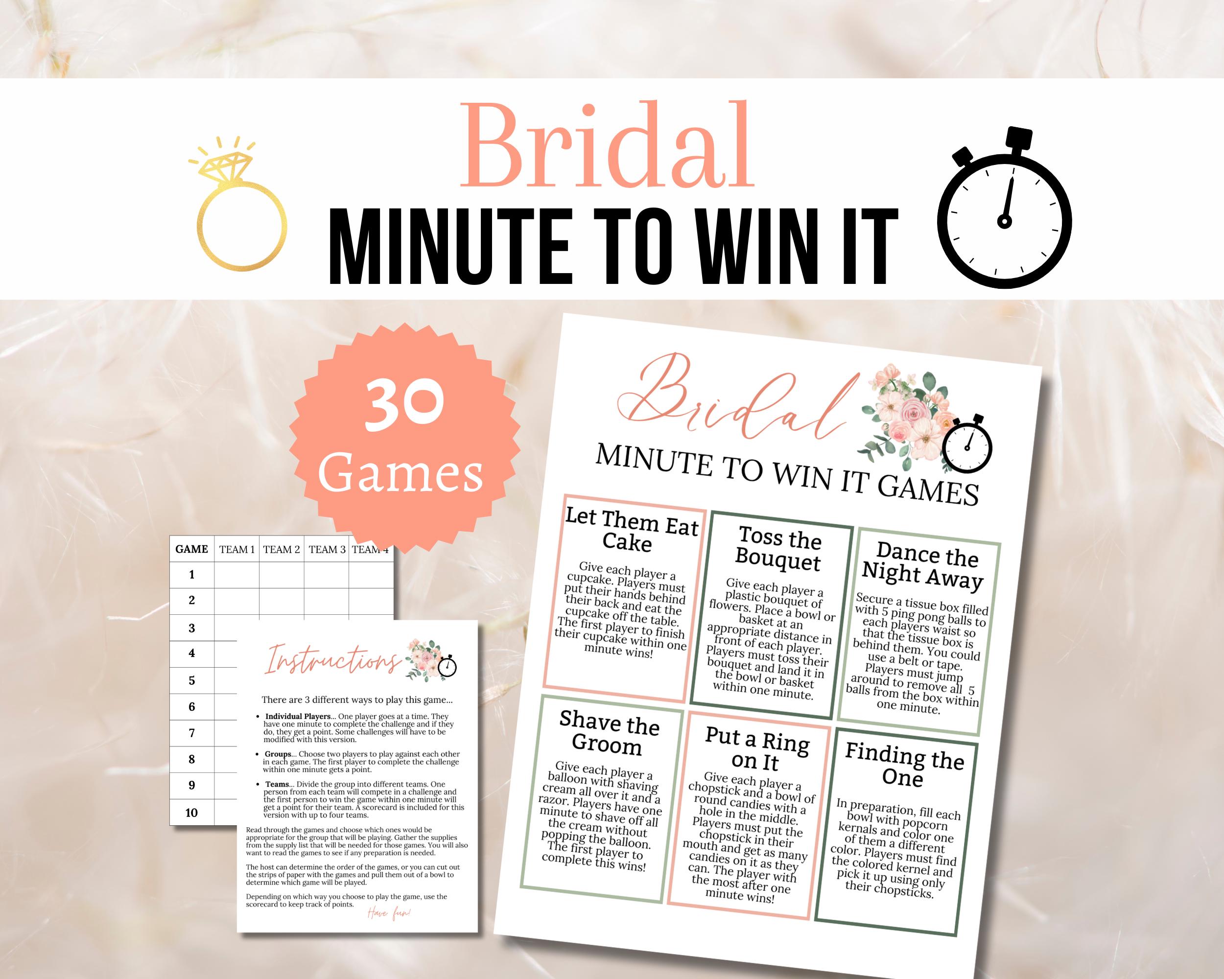 Bridal Shower Minute to Win It Party Game, Printable Wedding Activities for Kids, Teens, and Adults, Bachelorette Party Games
