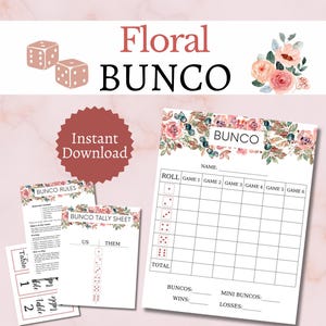 Floral Bunco Cards Bundle, Includes Tally Sheets and Table Markers, Printable Dice Party Game for Groups, Full and Half Pages
