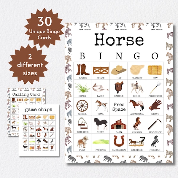Horse Bingo Cards, Printable Wild West Party Game, Full and Half Pages