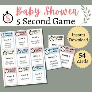 Juego de 5 segundos para Baby Shower, actividad imprimible para fiesta de Baby Shower para niños, adolescentes y adultos, tarjetas de trivia de respuestas rápidas