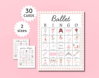 Tarjetas de bingo de ballet, juego imprimible de fiesta de bailarinas para niños, adolescentes y adultos, divertida actividad de ballet en grupo, incluye páginas completas y medias páginas.