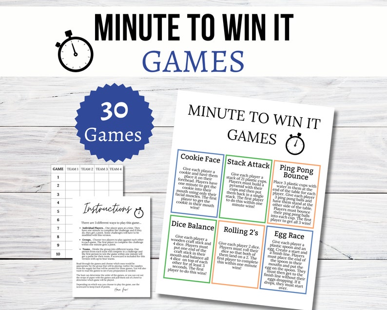 Minute to Win It Games, Printable Family Party Games for Kids, Teens ...