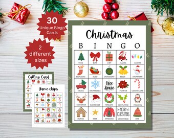 Christmas Bingo Cards, Printable Holiday Activity for Kids, Teens, and Adults, December Party Game, Includes Full and Half Pages