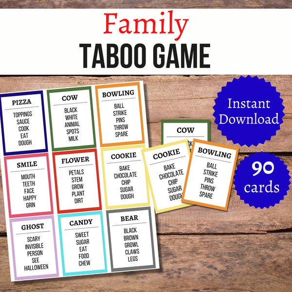 Family Taboo Game, Family Party Games, Printable Games for Teens, Printable Games for Kids, Printable Card Games