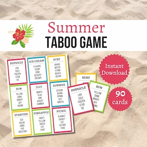 Juego Tabú de Verano, Actividad Luau Imprimible para Niños, Adolescentes y Adultos, Divertido Juego de Fiesta de Verano