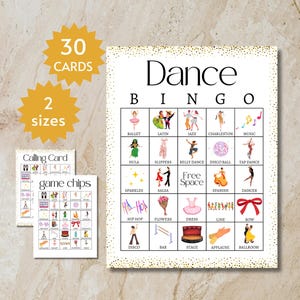 Tarjetas de bingo de baile, juego de fiesta imprimible para bailarines, ideal para niños, adolescentes y adultos. Incluye páginas completas y medias páginas.