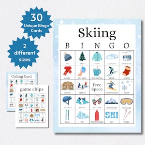 Karty bingo narciarskie, zimowa gra imprezowa dla dzieci, nastolatków i dorosłych, do druku, grupowa aktywność o tematyce narciarskiej, zawiera pełne i pół strony