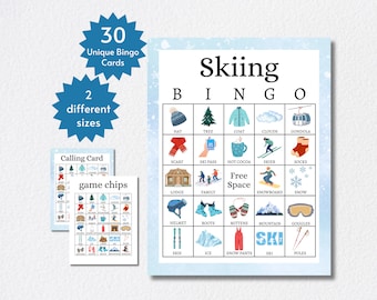 Op de afbeelding: Een blauwe en witte bingokaart met het woord "Skiing" in grote zwarte letters. De kaart heeft een 5x5 raster met afbeeldingen van wintersportartikelen, zoals een hoed, skipas, warme chocolademelk, skiër en sokken. Het middelste vakje zegt "Gratis ruimte".