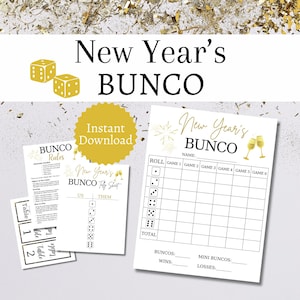 Silvester Bunco Bundle, druckbares Urlaubspartyspiel, Würfelaktivität für Gruppen, enthält Punktekarten, Tally Sheets und Tischmarker