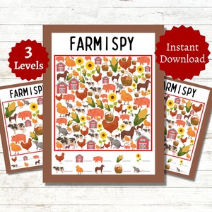 Juego Farm I Spy, juego de fiesta imprimible con temática de granja para niños, páginas de actividades de corral, hojas de trabajo de conteo en el aula