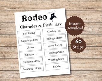 Juego de mímica de rodeo para fiestas, actividad imprimible con temática vaquera.