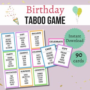 Birthday Taboo Game Cards, Printable Birthday Party Game for Kids, Teens, and Adults, Fun Family Activity