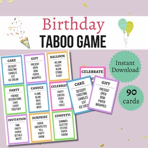 Tarjetas de juego de tabú de cumpleaños, juego imprimible para fiestas de cumpleaños de niños, adolescentes y adultos, divertida actividad familiar.
