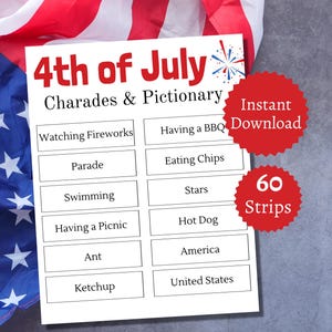 Charadas del 4 de julio, juego imprimible para fiestas del Día de la Independencia, tarjetas de Pictionary del 4 de julio, actividad familiar de verano
