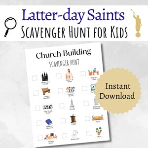 Búsqueda del tesoro en el edificio de la Iglesia de los Santos de los Últimos Días para niños, actividad SUD para niños de la Primaria, juego de búsqueda y hallazgo imprimible