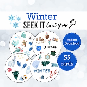 Juego de cartas "Búscalo en invierno", juego imprimible para fiestas de invierno para niños, adolescentes y adultos, actividad de emparejamiento rápida, páginas de "Veo, veo" navideñas.