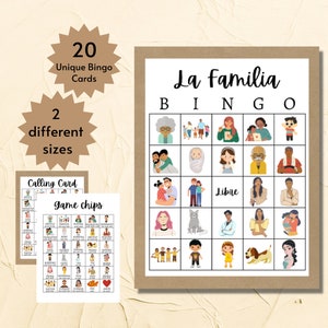Bundel Spaanse familiebingokaarten, afdrukbaar Spaans leerspel voor kinderen, klasactiviteit, inclusief volledige en halve pagina's
