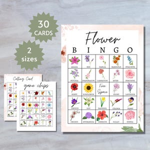 Flower Bingo Cards, Floral Party Game for Kids, Teens, and Adults, Flower Vocabulary with Pictures Learning Activity, Full and Half Pages