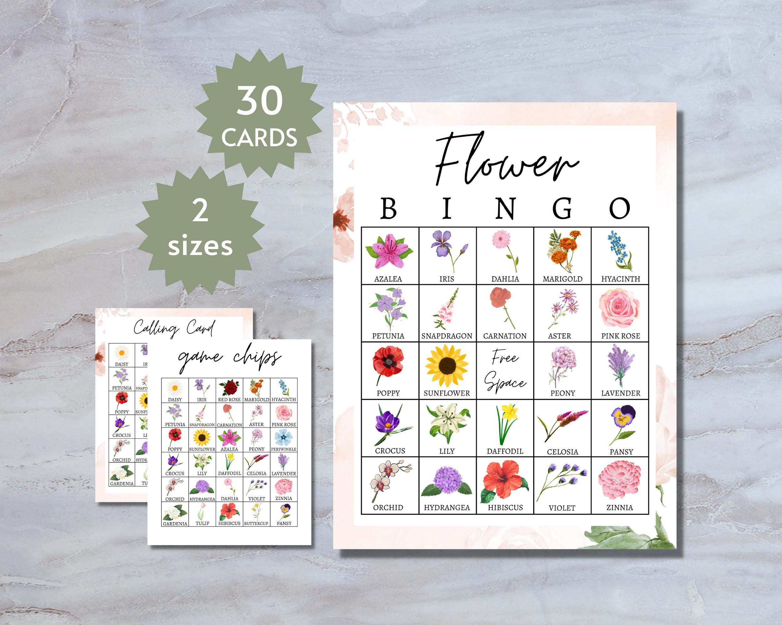 Flower Bingo Cards, Floral Party Game for Kids, Teens, and Adults, Flower Vocabulary with Pictures Learning Activity, Full and Half Pages