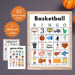 Cartes de bingo de basket-ball, jeu de basket-ball imprimable pour enfants, adolescents et adultes, activité de folie de mars, pages complètes et demi