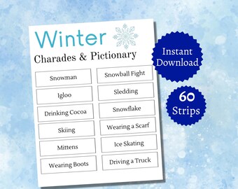 Winter Charades Game, Printable Pictionary Cards, Wintertime Activity for Kids, Teens, and Adults, Snow Themed Party