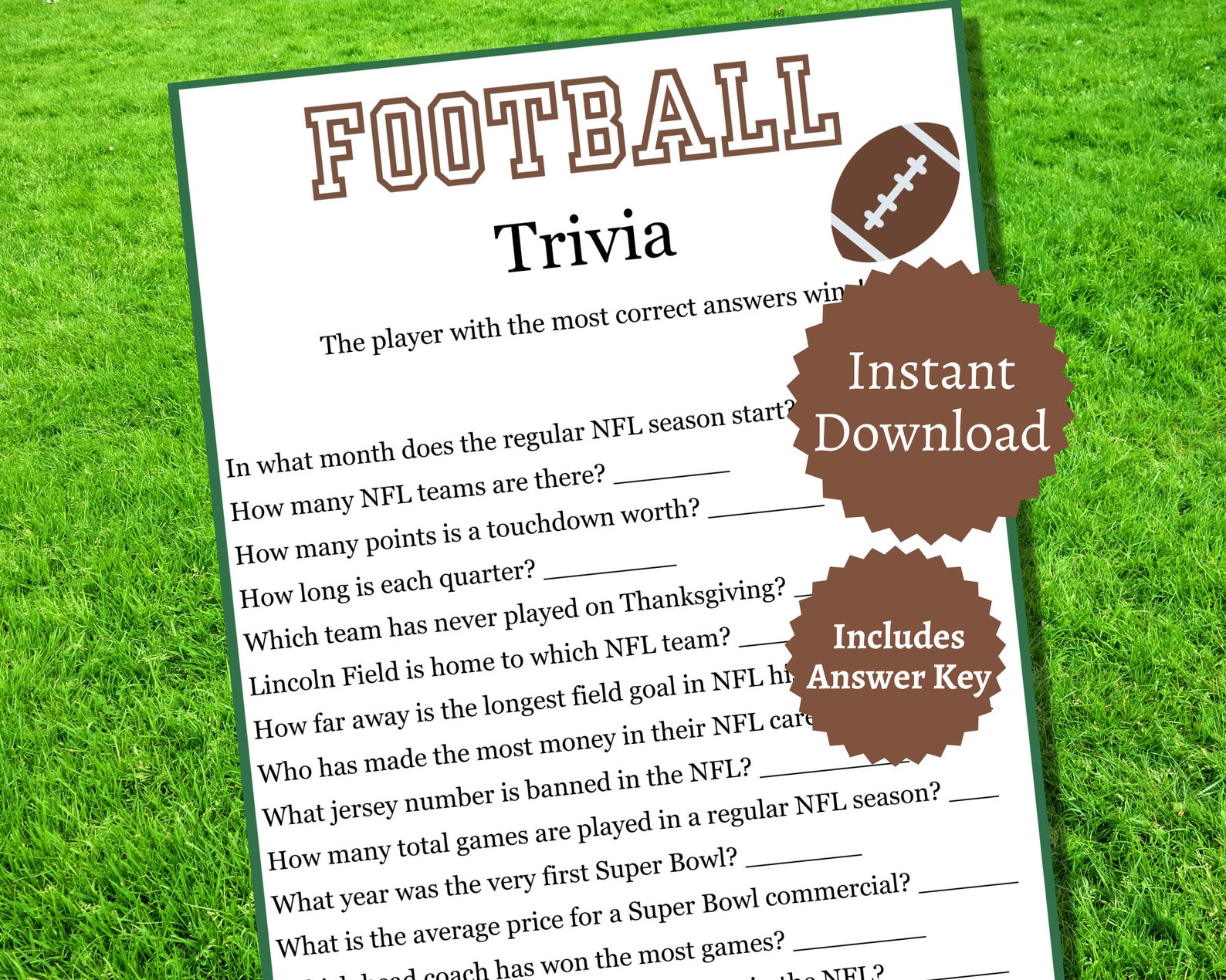 Football Trivia, Printable Football Game, Football Party Game Etsy