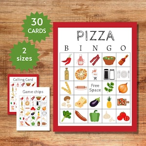 ピザビンゴカード、子供、ティーン、大人向けの印刷可能なピザパーティーゲーム、楽しい料理をテーマにしたアクティビティ