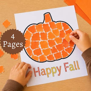 May include: A white paper sheet featuring a black outline of a pumpkin filled with small, torn orange paper squares. The text "Happy Fall" is printed in orange and yellow at the bottom. A brown circular badge states "4 Pages" in white text.